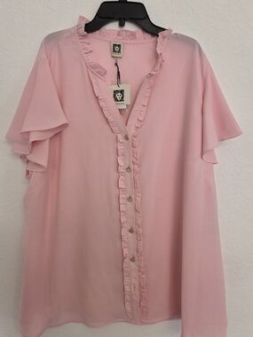 Anne Klein Light Pink Ruffle-Trim Button Front Blouse